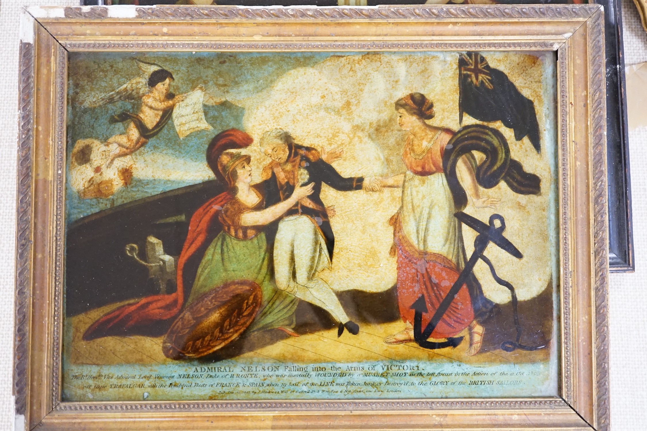 W.R. Walker publ., four reverse prints on glass, ‘Tribute to the memory of Admiral Lord Nelson’, ‘Admiral Lord Nelson falling into the arms of Victory’, ‘Temperance/Fortitude Europe/Asia’, 25 x 35cm